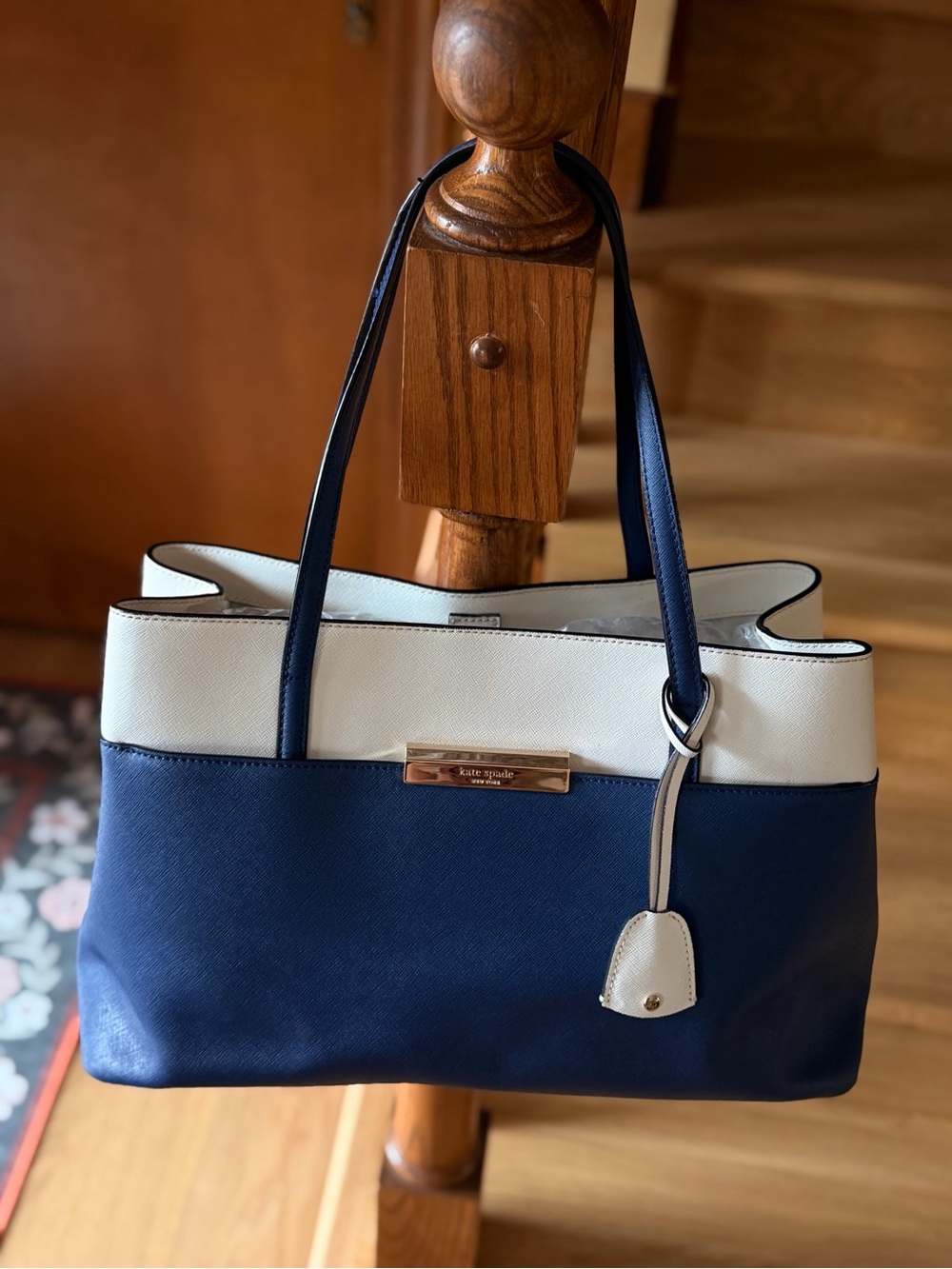 Kate Spade Navy Cream Colorblock Saffiano Leather Tote Bag